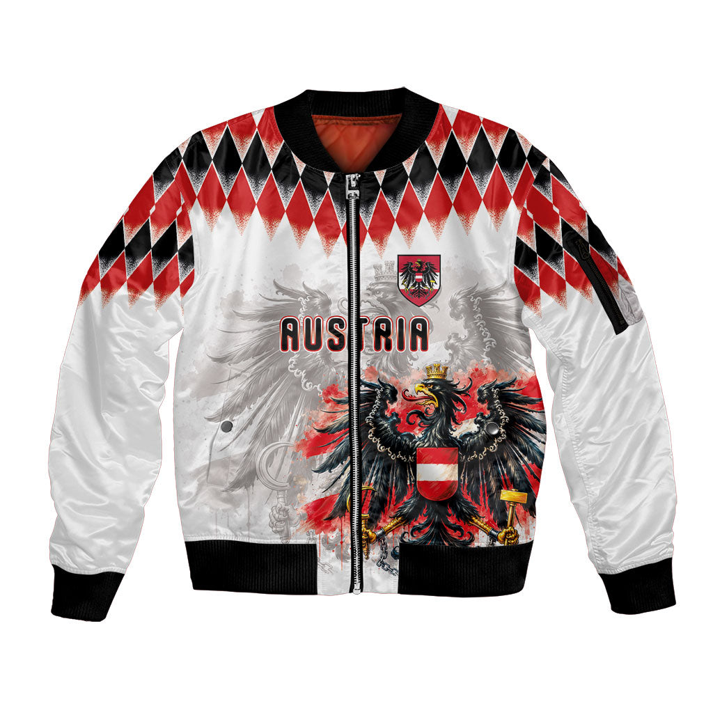 Custom Austria National Football Sleeve Zip Bomber Jacket Argyle Diamond Pattern with Eagle Watercolor Paint Splash Graphic Art