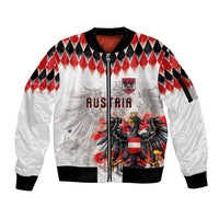 Custom Austria National Football Sleeve Zip Bomber Jacket Argyle Diamond Pattern with Eagle Watercolor Paint Splash Graphic Art