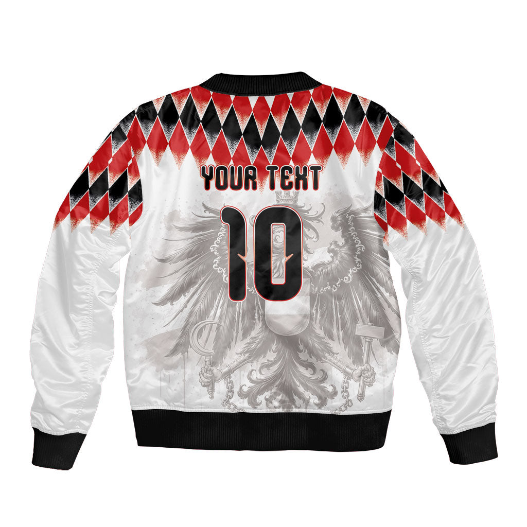 Custom Austria National Football Sleeve Zip Bomber Jacket Argyle Diamond Pattern with Eagle Watercolor Paint Splash Graphic Art