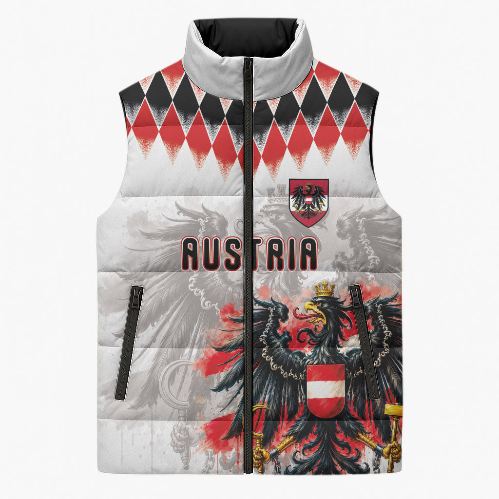 Custom Austria National Football Sleeveless Puffer Jacket Argyle Diamond Pattern with Eagle Watercolor Paint Splash Graphic Art