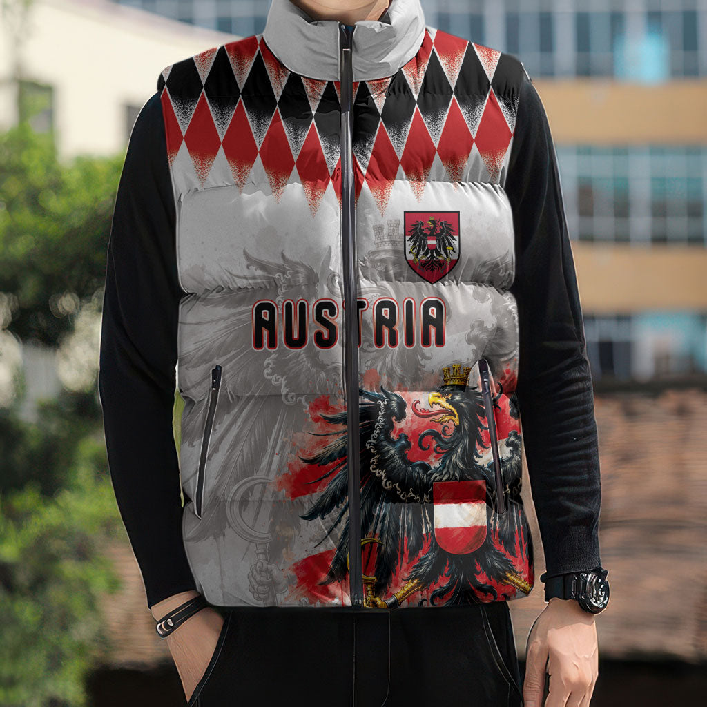Custom Austria National Football Sleeveless Puffer Jacket Argyle Diamond Pattern with Eagle Watercolor Paint Splash Graphic Art
