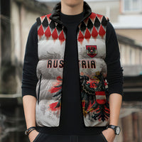 Custom Austria National Football Sleeveless Puffer Jacket Argyle Diamond Pattern with Eagle Watercolor Paint Splash Graphic Art