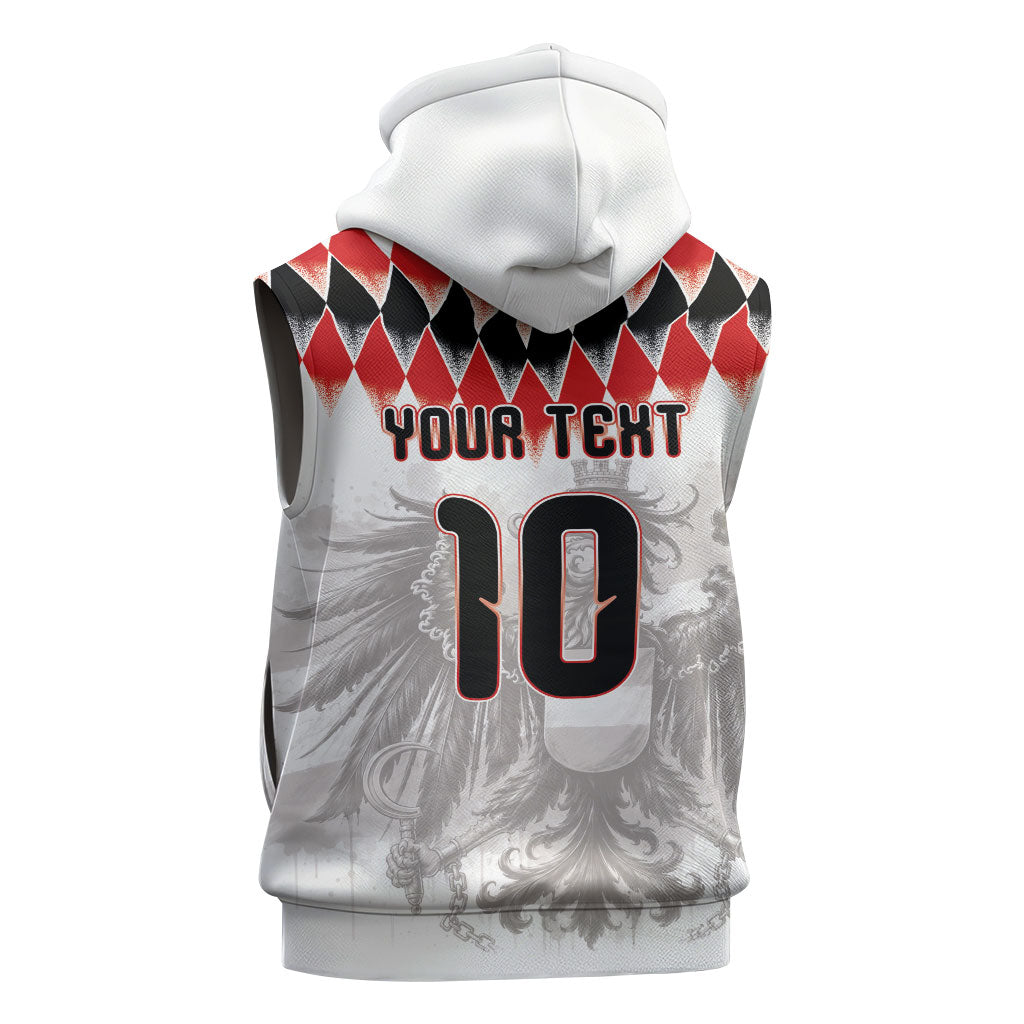 Custom Austria National Football Sleeveless Zip Hoodie Argyle Diamond Pattern with Eagle Watercolor Paint Splash Graphic Art