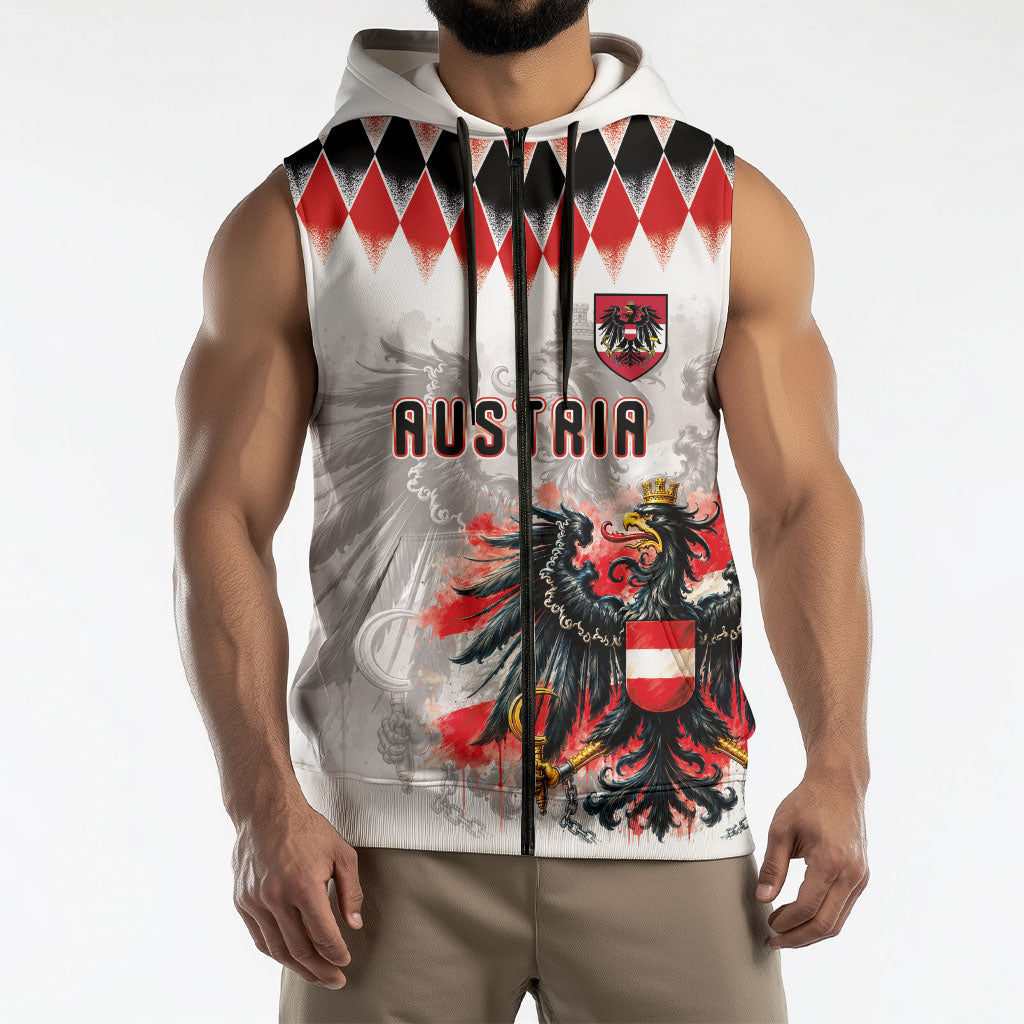 Custom Austria National Football Sleeveless Zip Hoodie Argyle Diamond Pattern with Eagle Watercolor Paint Splash Graphic Art