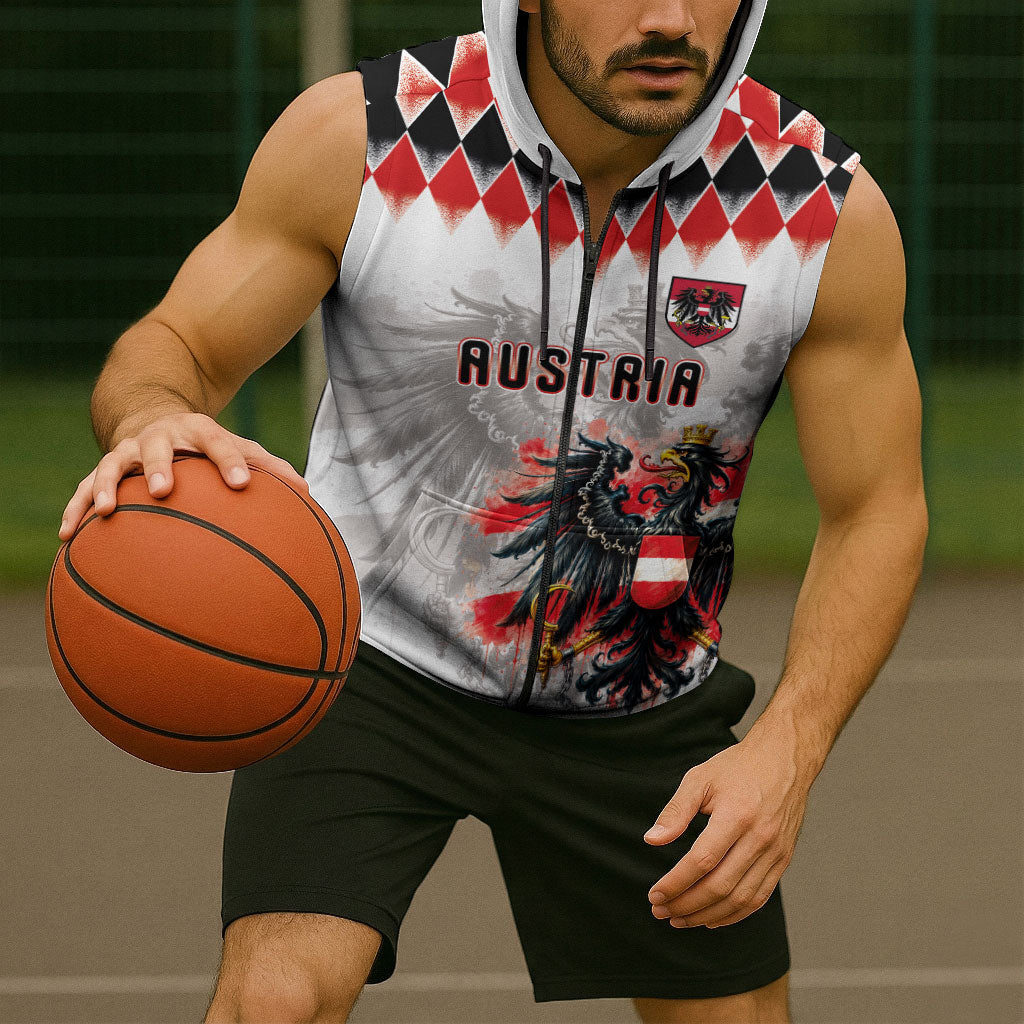Custom Austria National Football Sleeveless Zip Hoodie Argyle Diamond Pattern with Eagle Watercolor Paint Splash Graphic Art