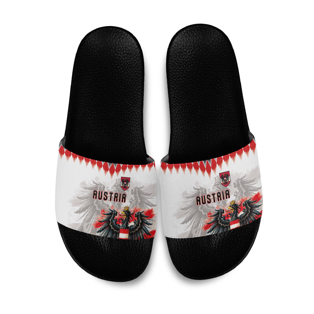 Austria National Football Slide Sandals Argyle Diamond Pattern with Eagle Watercolor Paint Splash Graphic Art