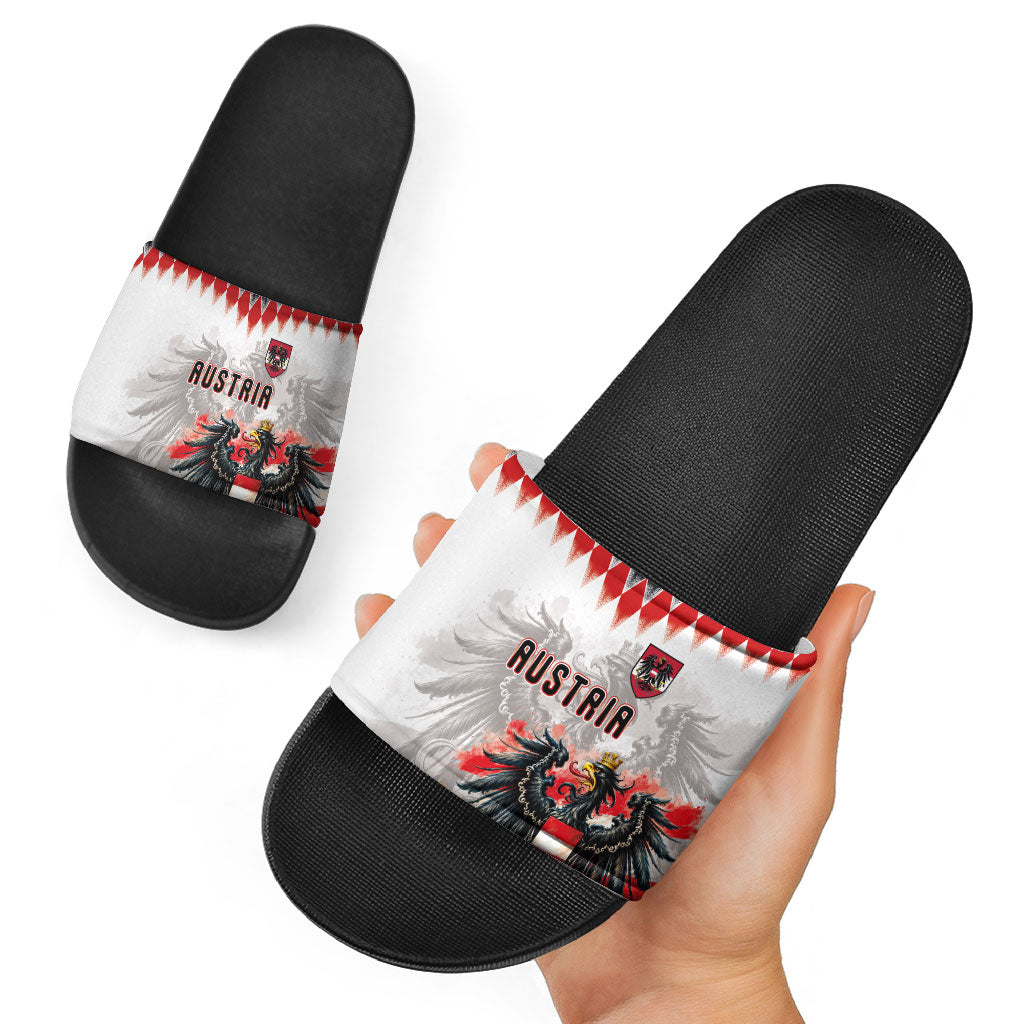 Austria National Football Slide Sandals Argyle Diamond Pattern with Eagle Watercolor Paint Splash Graphic Art