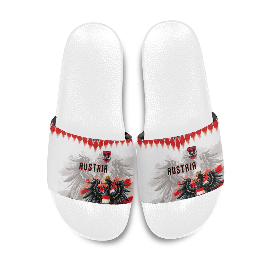 Austria National Football Slide Sandals Argyle Diamond Pattern with Eagle Watercolor Paint Splash Graphic Art