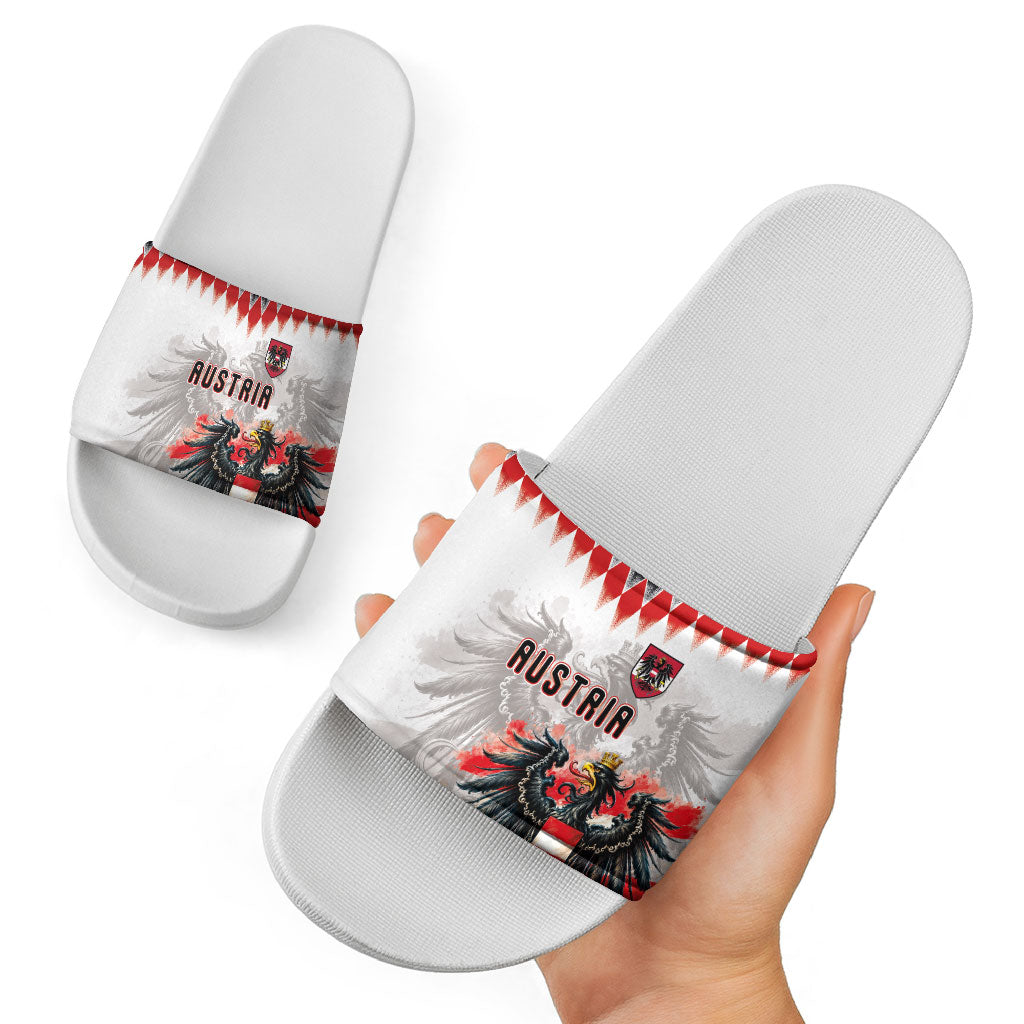 Austria National Football Slide Sandals Argyle Diamond Pattern with Eagle Watercolor Paint Splash Graphic Art