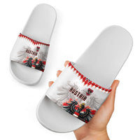 Austria National Football Slide Sandals Argyle Diamond Pattern with Eagle Watercolor Paint Splash Graphic Art
