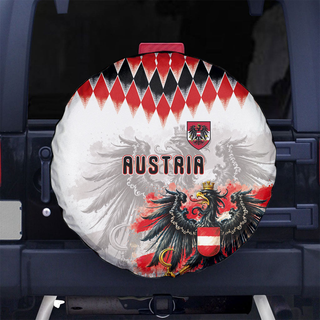 Austria National Football Spare Tire Cover Argyle Diamond Pattern with Eagle Watercolor Paint Splash Graphic Art