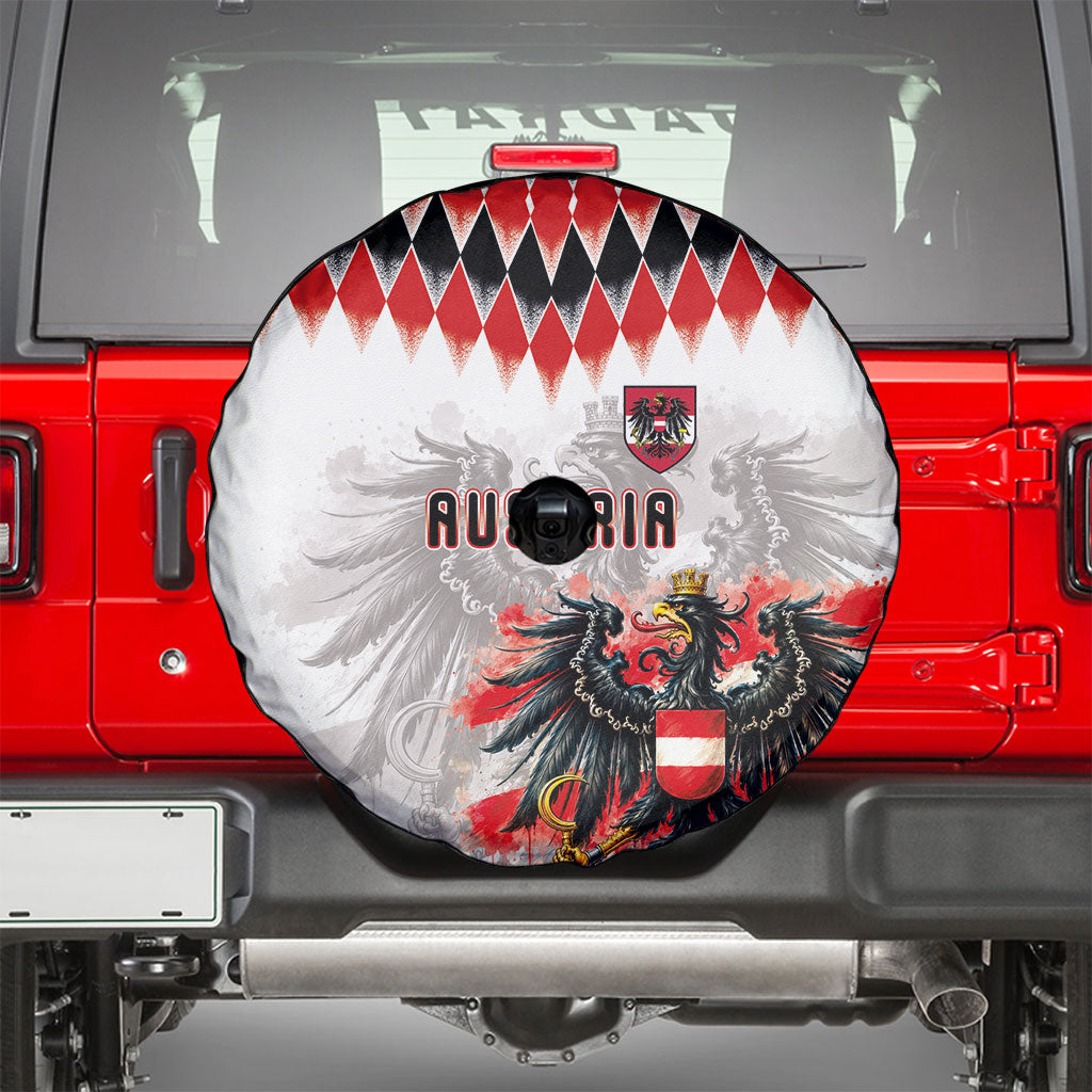 Austria National Football Spare Tire Cover Argyle Diamond Pattern with Eagle Watercolor Paint Splash Graphic Art