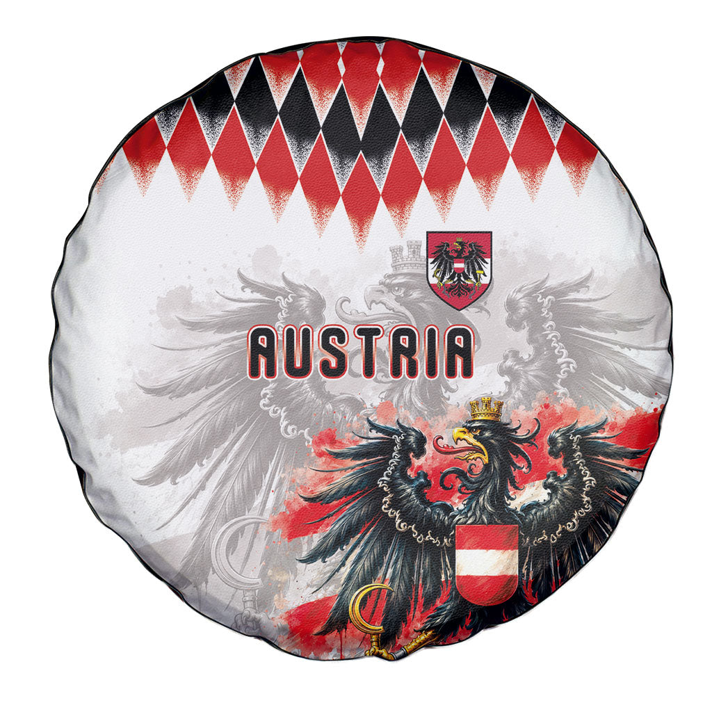 Austria National Football Spare Tire Cover Argyle Diamond Pattern with Eagle Watercolor Paint Splash Graphic Art