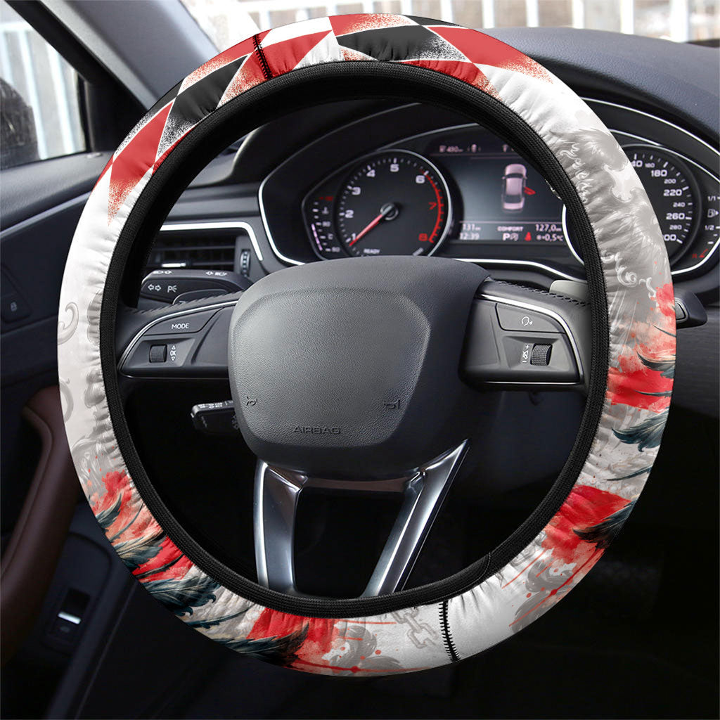 Austria National Football Steering Wheel Cover Argyle Diamond Pattern with Eagle Watercolor Paint Splash Graphic Art