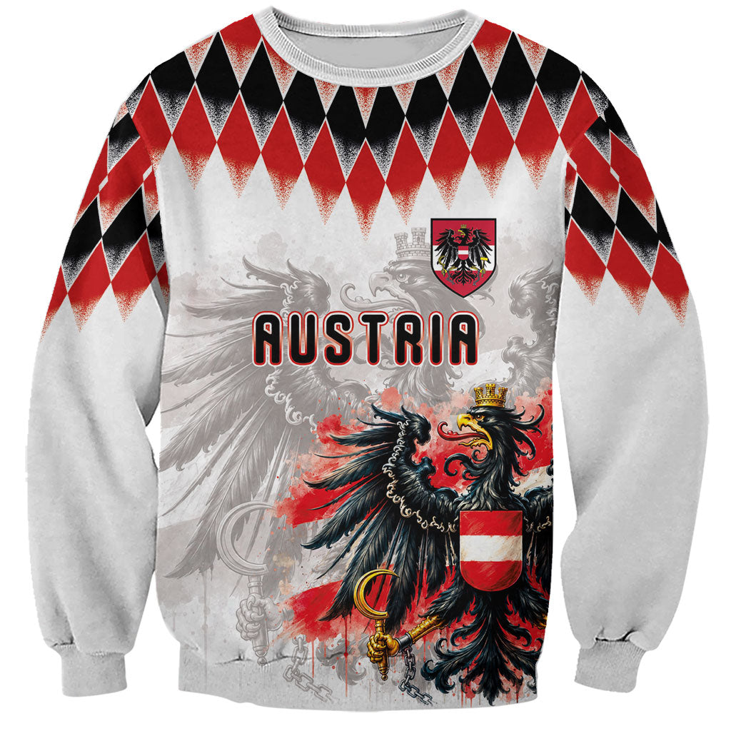 Custom Austria National Football Sweatshirt Argyle Diamond Pattern with Eagle Watercolor Paint Splash Graphic Art