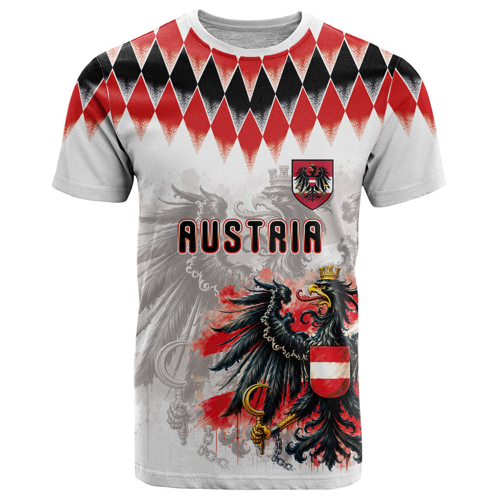 Custom Austria National Football T Shirt Argyle Diamond Pattern with Eagle Watercolor Paint Splash Graphic Art