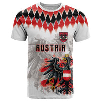 Custom Austria National Football T Shirt Argyle Diamond Pattern with Eagle Watercolor Paint Splash Graphic Art