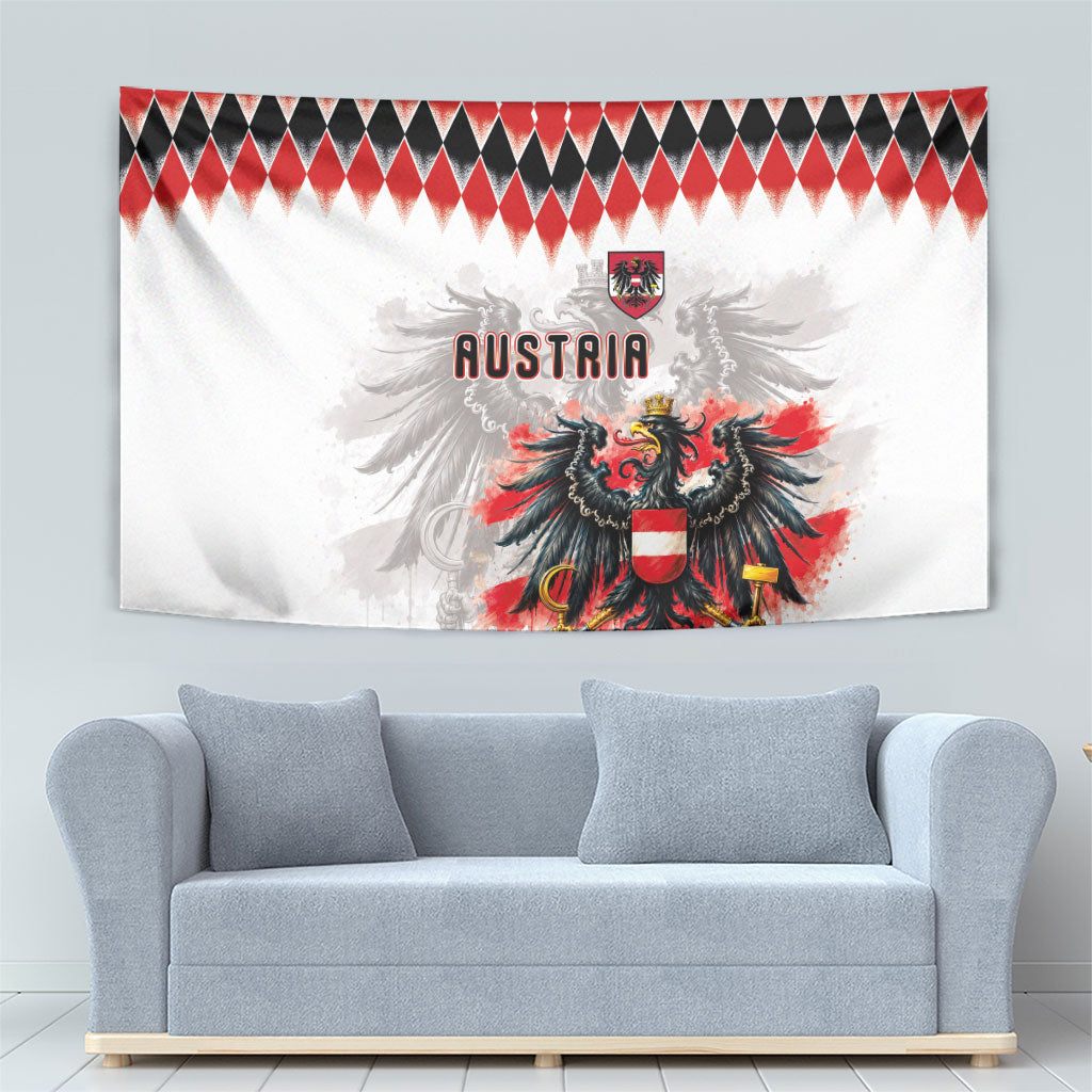 Austria National Football Tapestry Argyle Diamond Pattern with Eagle Watercolor Paint Splash Graphic Art