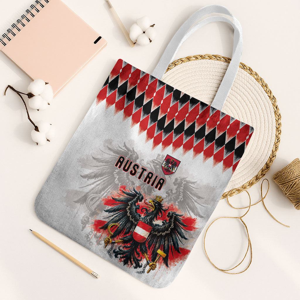 Austria National Football Tote Bag Argyle Diamond Pattern with Eagle Watercolor Paint Splash Graphic Art
