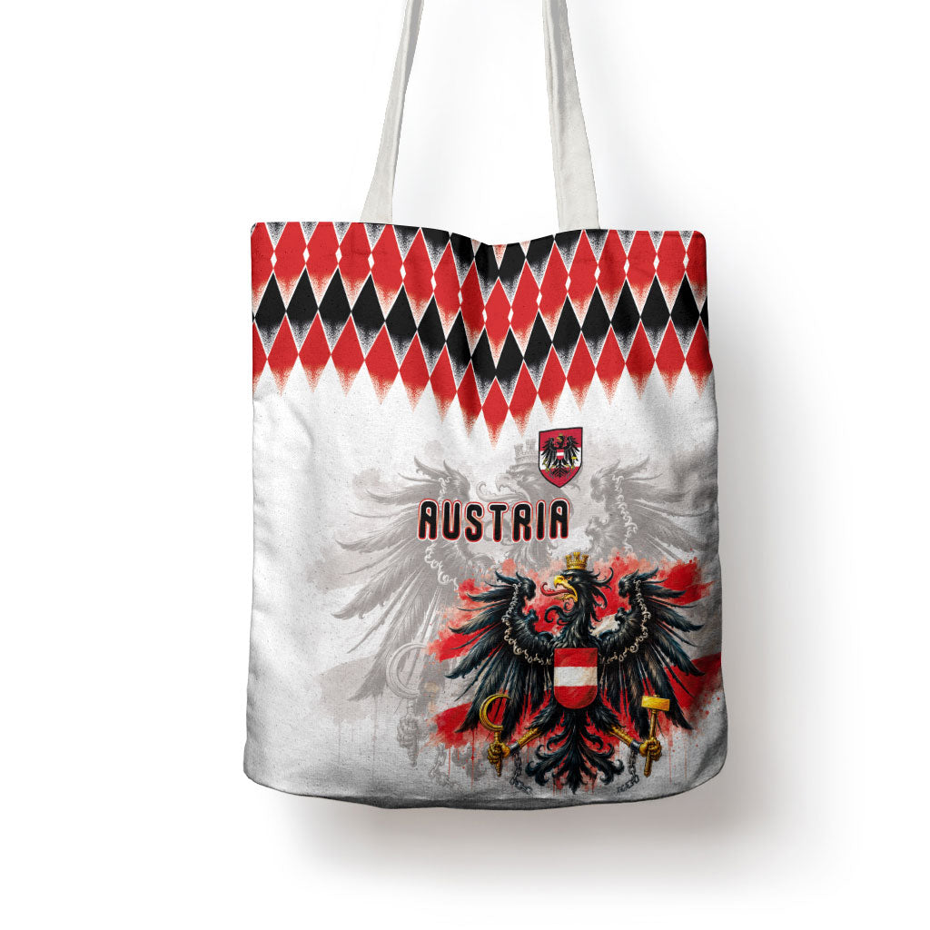 Austria National Football Tote Bag Argyle Diamond Pattern with Eagle Watercolor Paint Splash Graphic Art