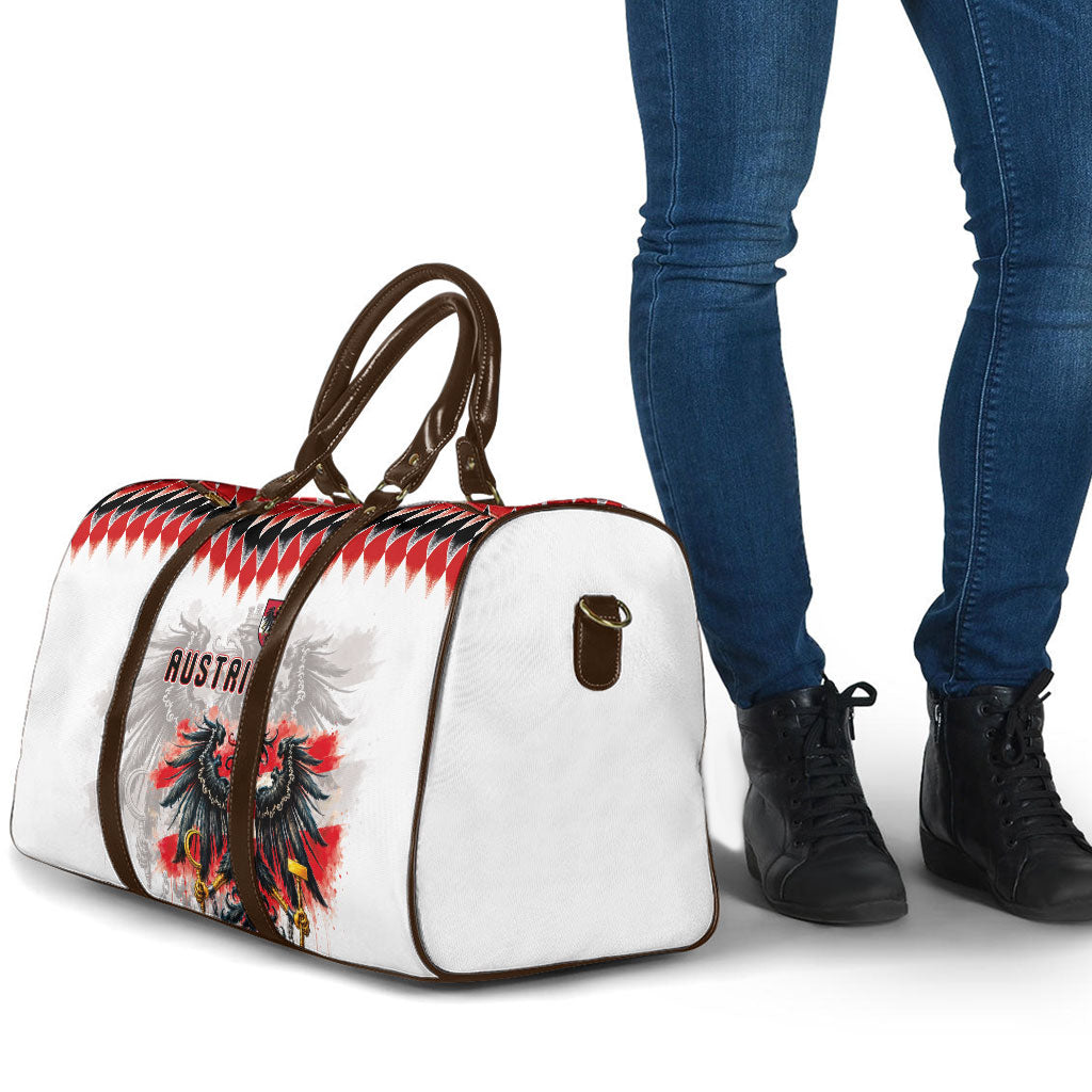 Austria National Football Travel Bag Argyle Diamond Pattern with Eagle Watercolor Paint Splash Graphic Art