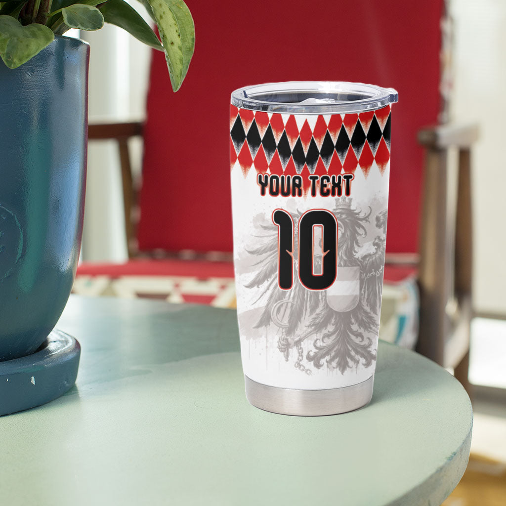 Custom Austria National Football Tumbler Cup Argyle Diamond Pattern with Eagle Watercolor Paint Splash Graphic Art