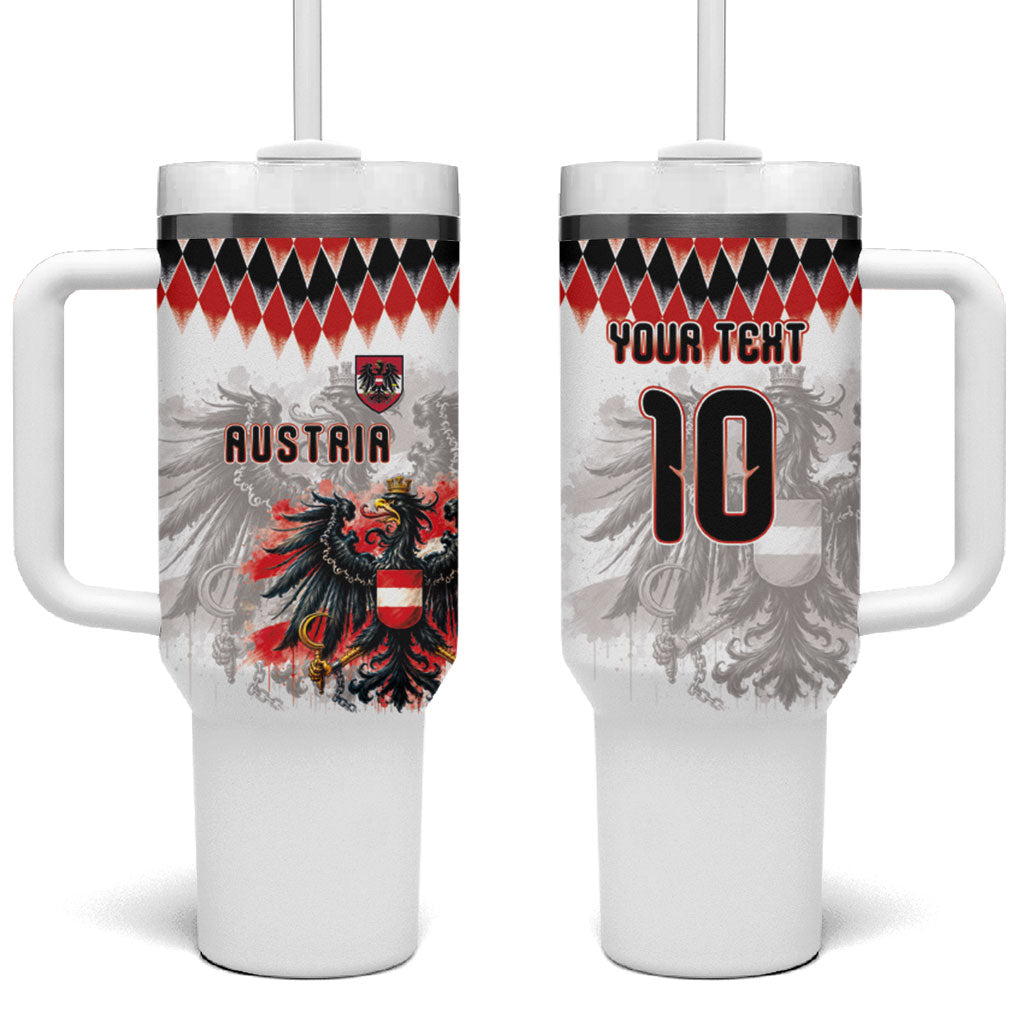 Custom Austria National Football Tumbler With Handle Argyle Diamond Pattern with Eagle Watercolor Paint Splash Graphic Art