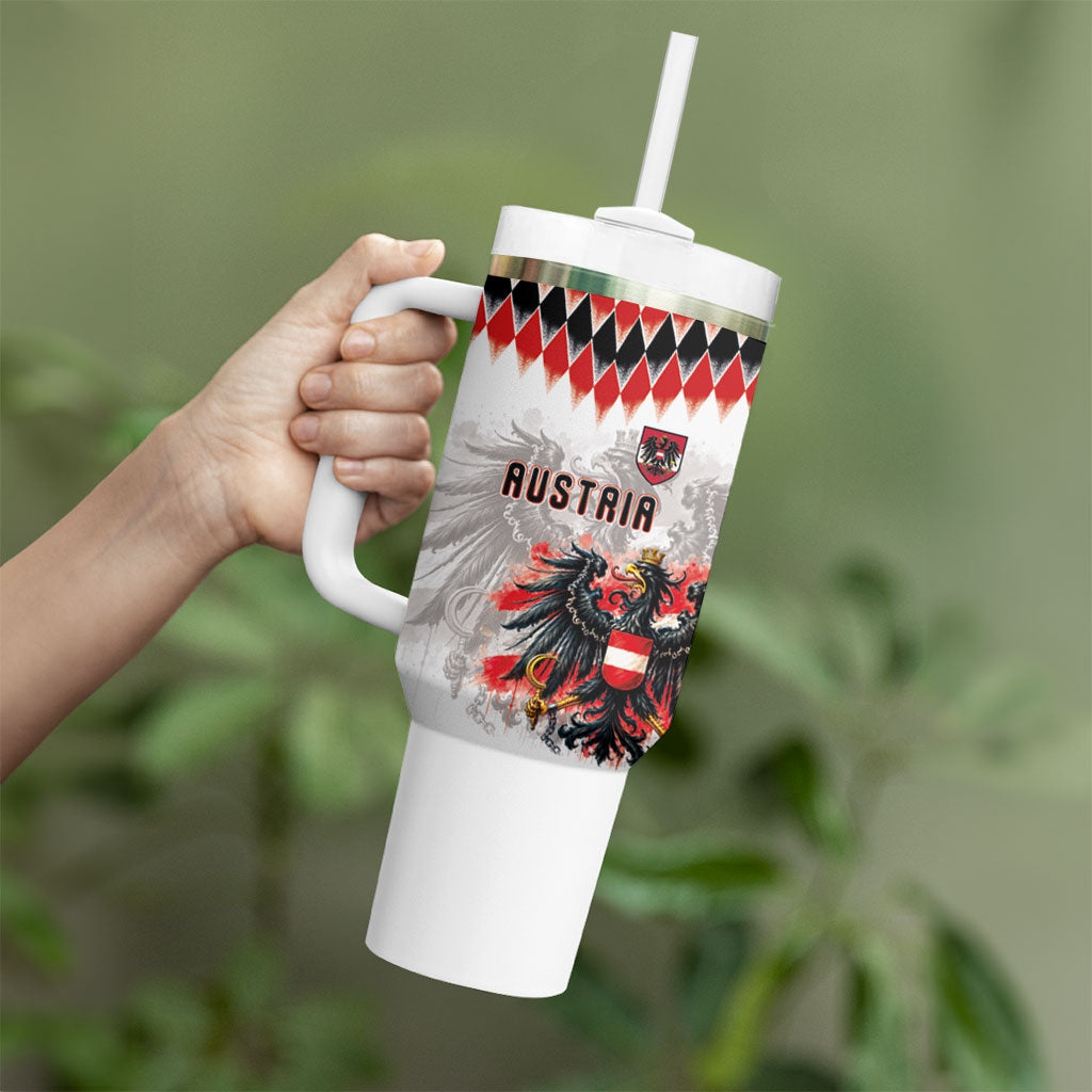 Custom Austria National Football Tumbler With Handle Argyle Diamond Pattern with Eagle Watercolor Paint Splash Graphic Art