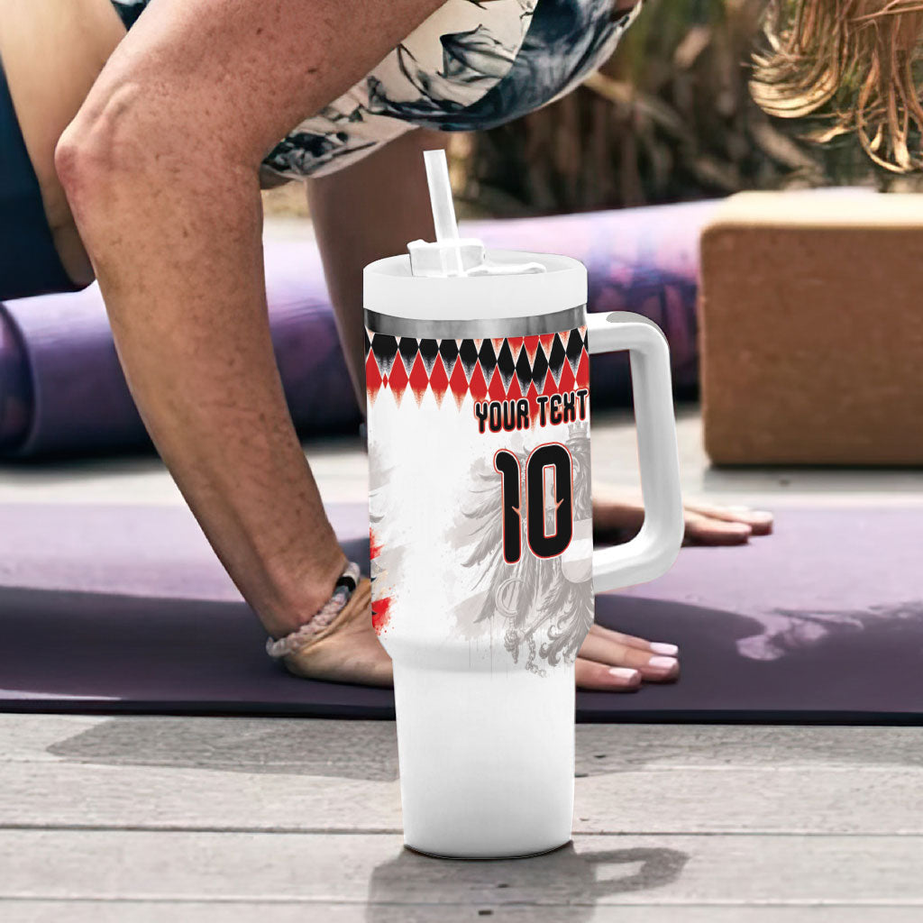 Custom Austria National Football Tumbler With Handle Argyle Diamond Pattern with Eagle Watercolor Paint Splash Graphic Art