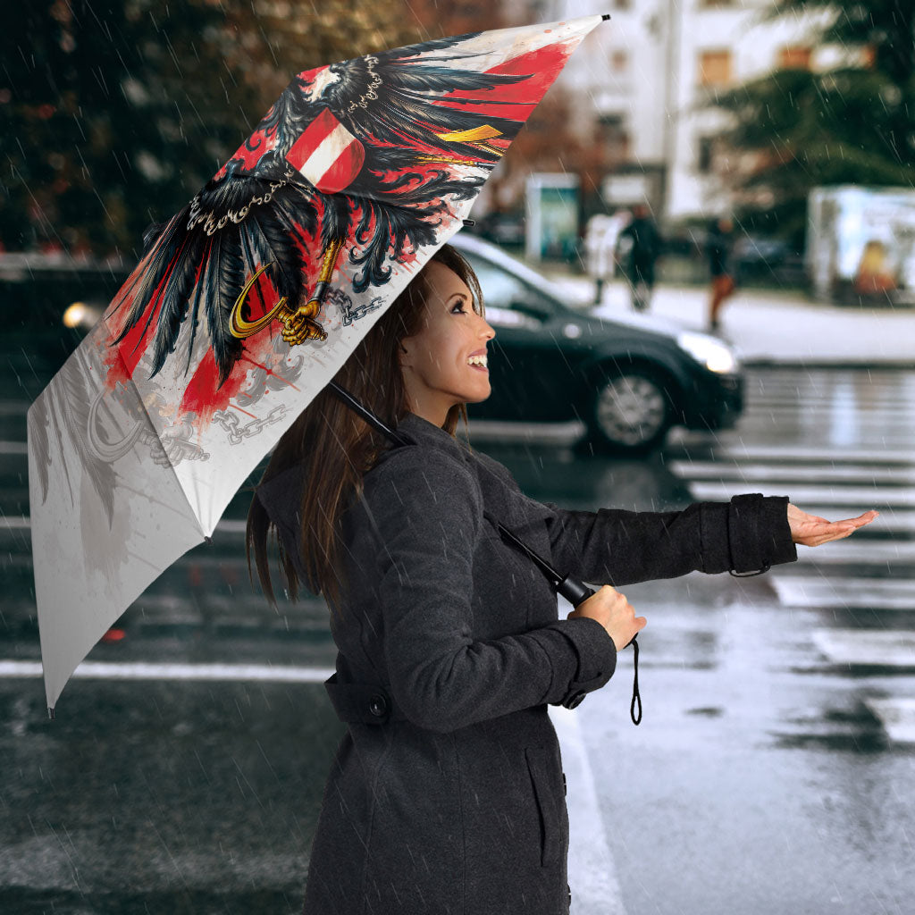 Austria National Football Umbrella Argyle Diamond Pattern with Eagle Watercolor Paint Splash Graphic Art