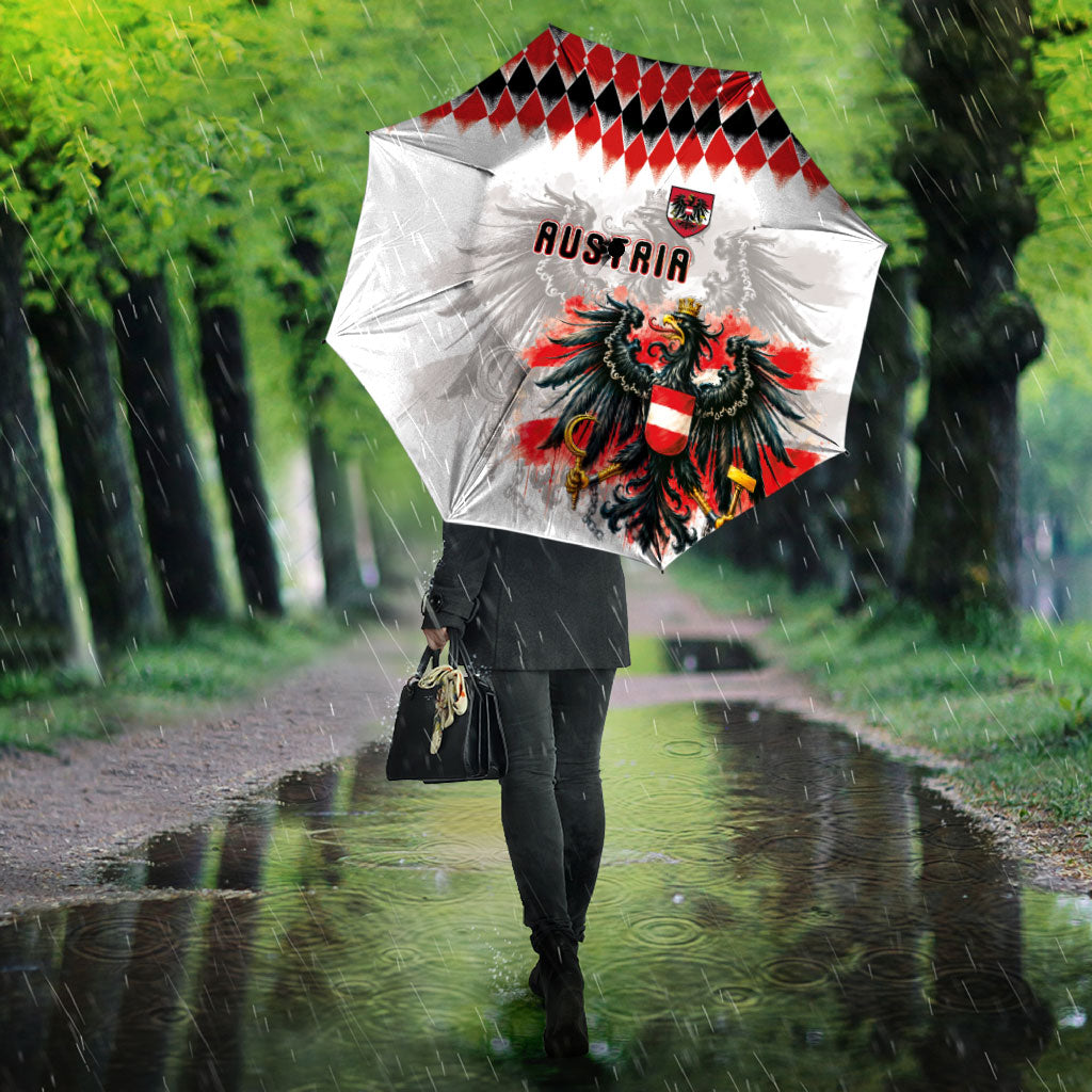 Austria National Football Umbrella Argyle Diamond Pattern with Eagle Watercolor Paint Splash Graphic Art