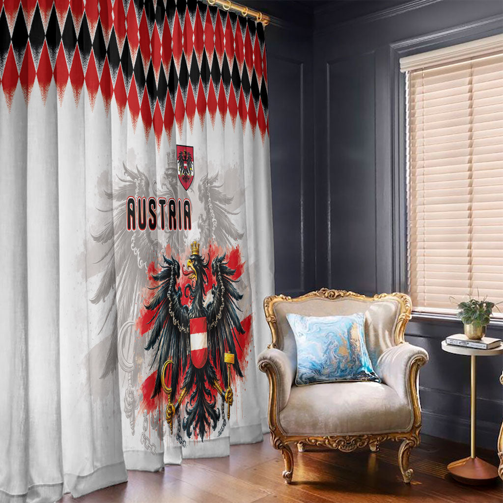 Austria National Football Window Curtain Argyle Diamond Pattern with Eagle Watercolor Paint Splash Graphic Art