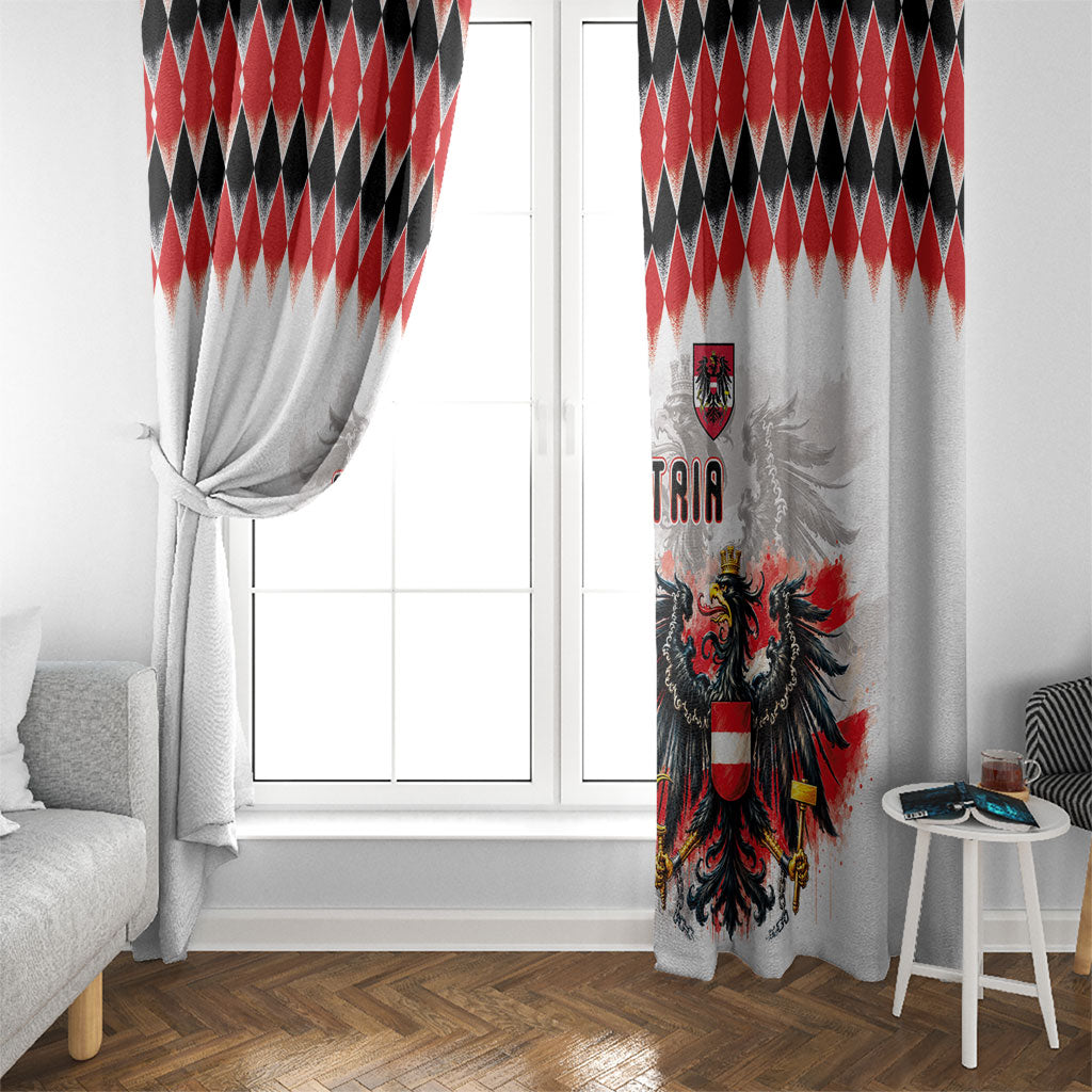 Austria National Football Window Curtain Argyle Diamond Pattern with Eagle Watercolor Paint Splash Graphic Art