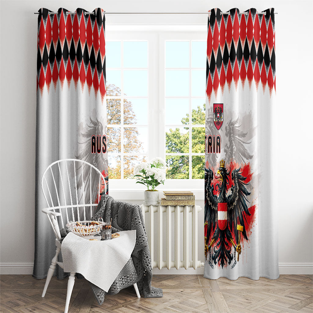 Austria National Football Window Curtain Argyle Diamond Pattern with Eagle Watercolor Paint Splash Graphic Art