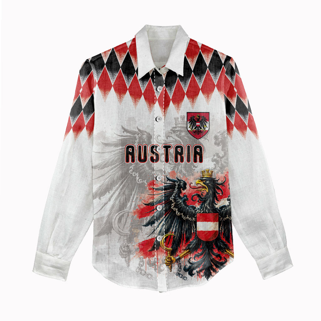 Custom Austria National Football Women Casual Shirt Argyle Diamond Pattern with Eagle Watercolor Paint Splash Graphic Art
