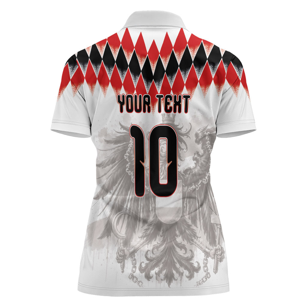 Custom Austria National Football Women Polo Shirt Argyle Diamond Pattern with Eagle Watercolor Paint Splash Graphic Art