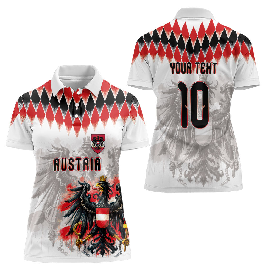 Custom Austria National Football Women Polo Shirt Argyle Diamond Pattern with Eagle Watercolor Paint Splash Graphic Art