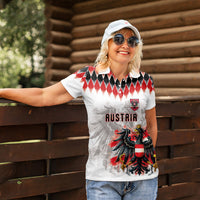 Custom Austria National Football Women Polo Shirt Argyle Diamond Pattern with Eagle Watercolor Paint Splash Graphic Art