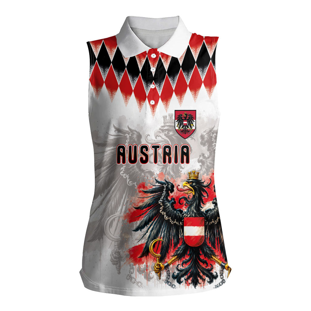 Custom Austria National Football Women Sleeveless Polo Shirt Argyle Diamond Pattern with Eagle Watercolor Paint Splash Graphic Art