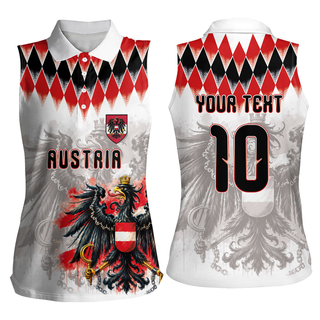 Custom Austria National Football Women Sleeveless Polo Shirt Argyle Diamond Pattern with Eagle Watercolor Paint Splash Graphic Art