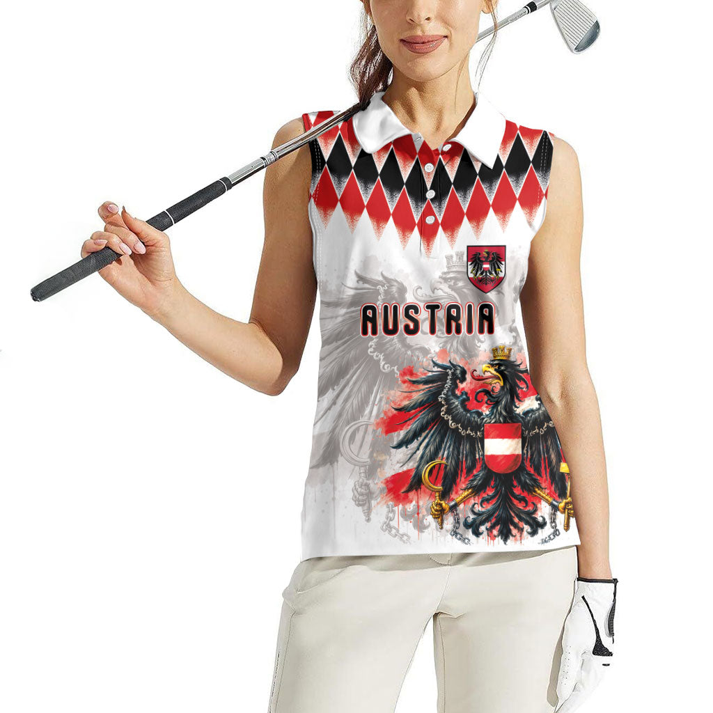 Custom Austria National Football Women Sleeveless Polo Shirt Argyle Diamond Pattern with Eagle Watercolor Paint Splash Graphic Art