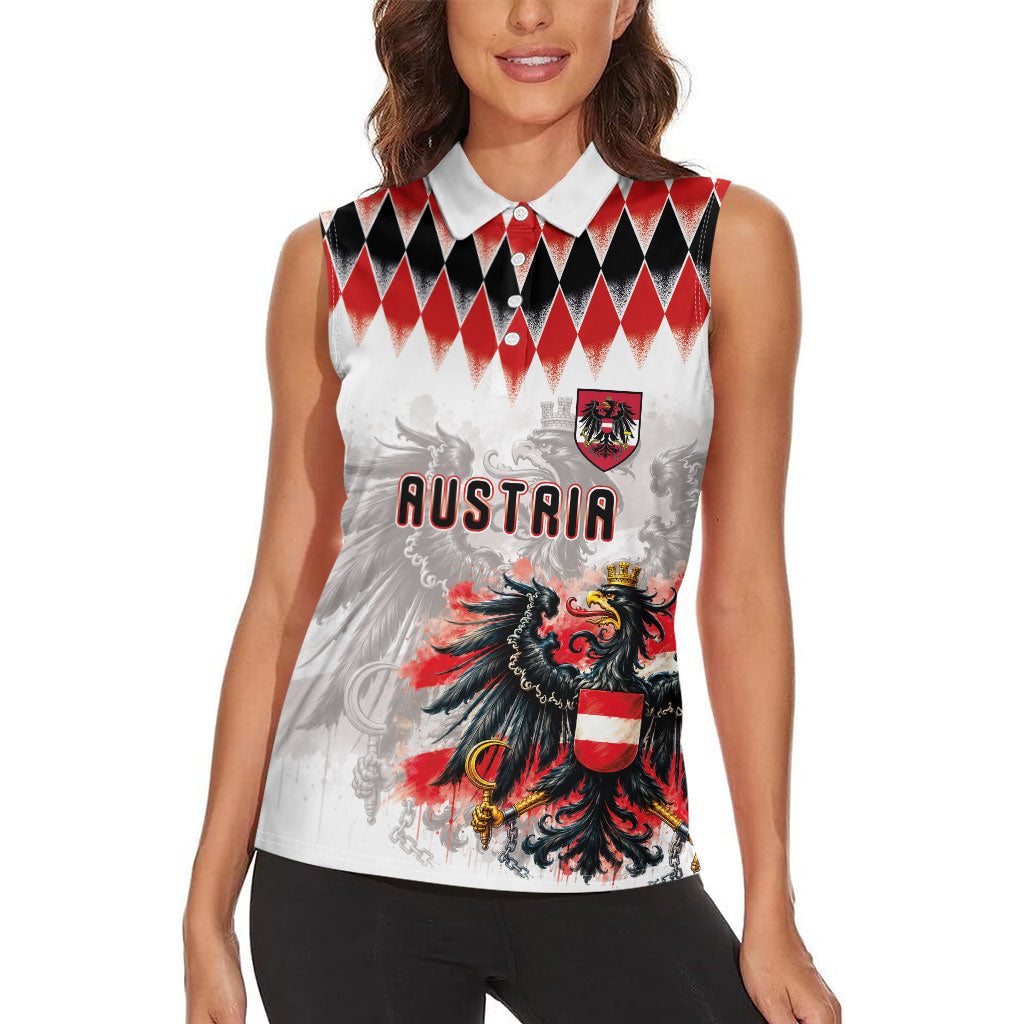 Custom Austria National Football Women Sleeveless Polo Shirt Argyle Diamond Pattern with Eagle Watercolor Paint Splash Graphic Art