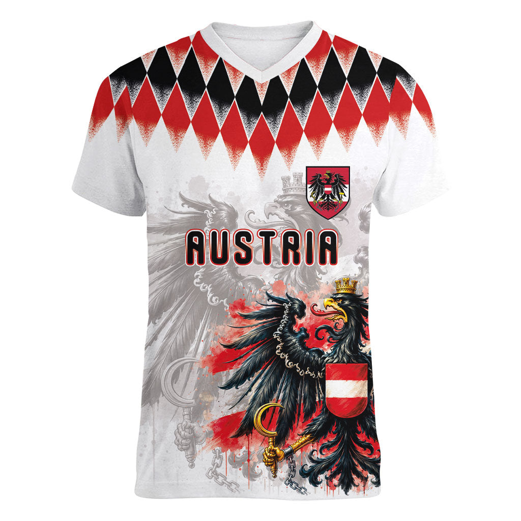 Custom Austria National Football Women V-Neck T-Shirt Argyle Diamond Pattern with Eagle Watercolor Paint Splash Graphic Art