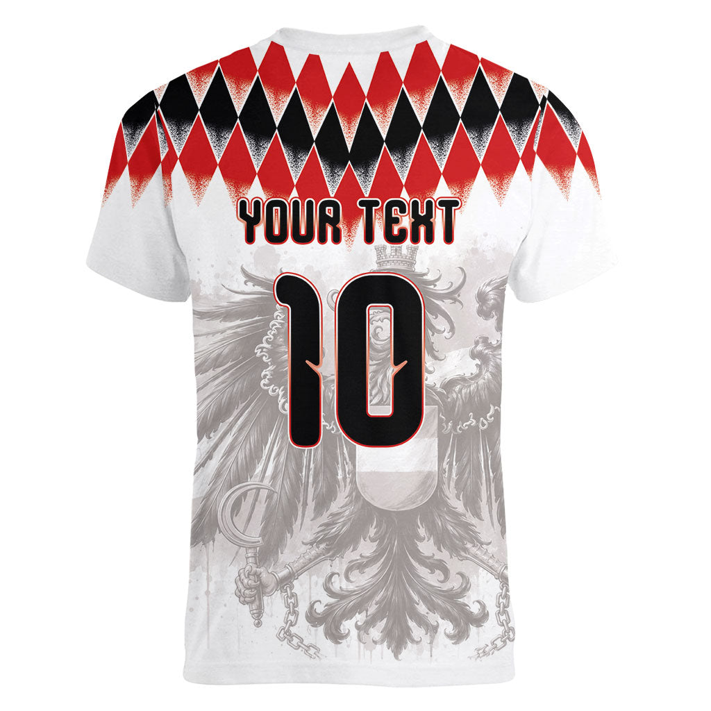 Custom Austria National Football Women V-Neck T-Shirt Argyle Diamond Pattern with Eagle Watercolor Paint Splash Graphic Art
