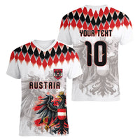 Custom Austria National Football Women V-Neck T-Shirt Argyle Diamond Pattern with Eagle Watercolor Paint Splash Graphic Art