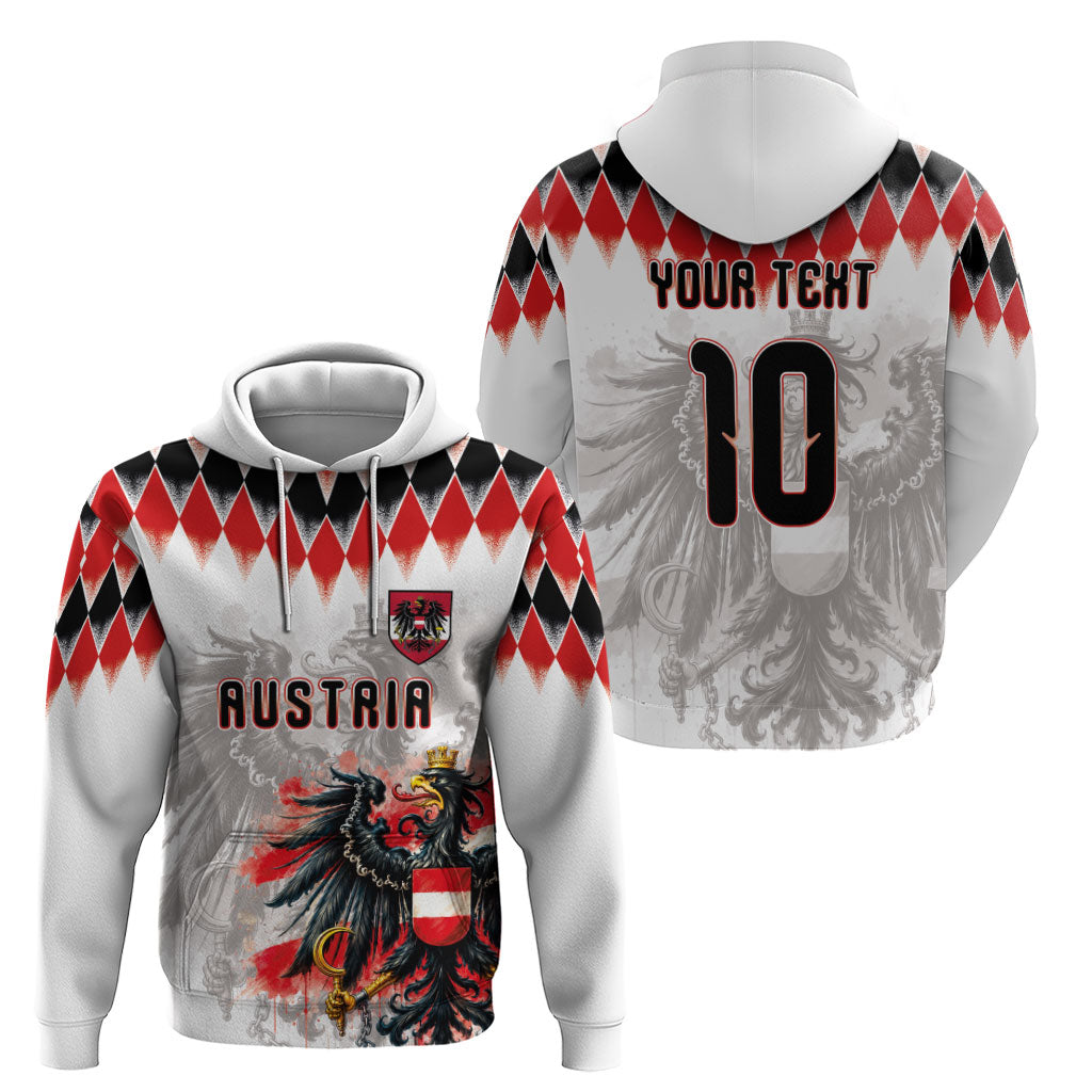 Custom Austria National Football Zip Hoodie Argyle Diamond Pattern with Eagle Watercolor Paint Splash Graphic Art