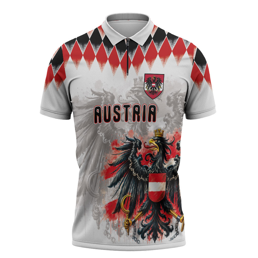 Custom Austria National Football Zipper Polo Shirt Argyle Diamond Pattern with Eagle Watercolor Paint Splash Graphic Art
