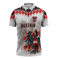 Custom Austria National Football Zipper Polo Shirt Argyle Diamond Pattern with Eagle Watercolor Paint Splash Graphic Art