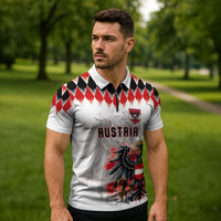 Custom Austria National Football Zipper Polo Shirt Argyle Diamond Pattern with Eagle Watercolor Paint Splash Graphic Art