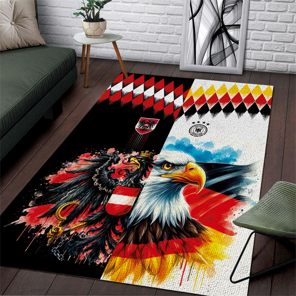 Austria and Germany National Football Area Rug Split Half Diamond Argyle with Eagles Watercolor Paint Splash Art